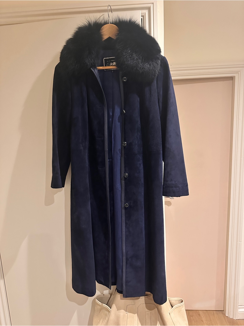Classic Navy Suede Trench Coat With Black Fur Collar